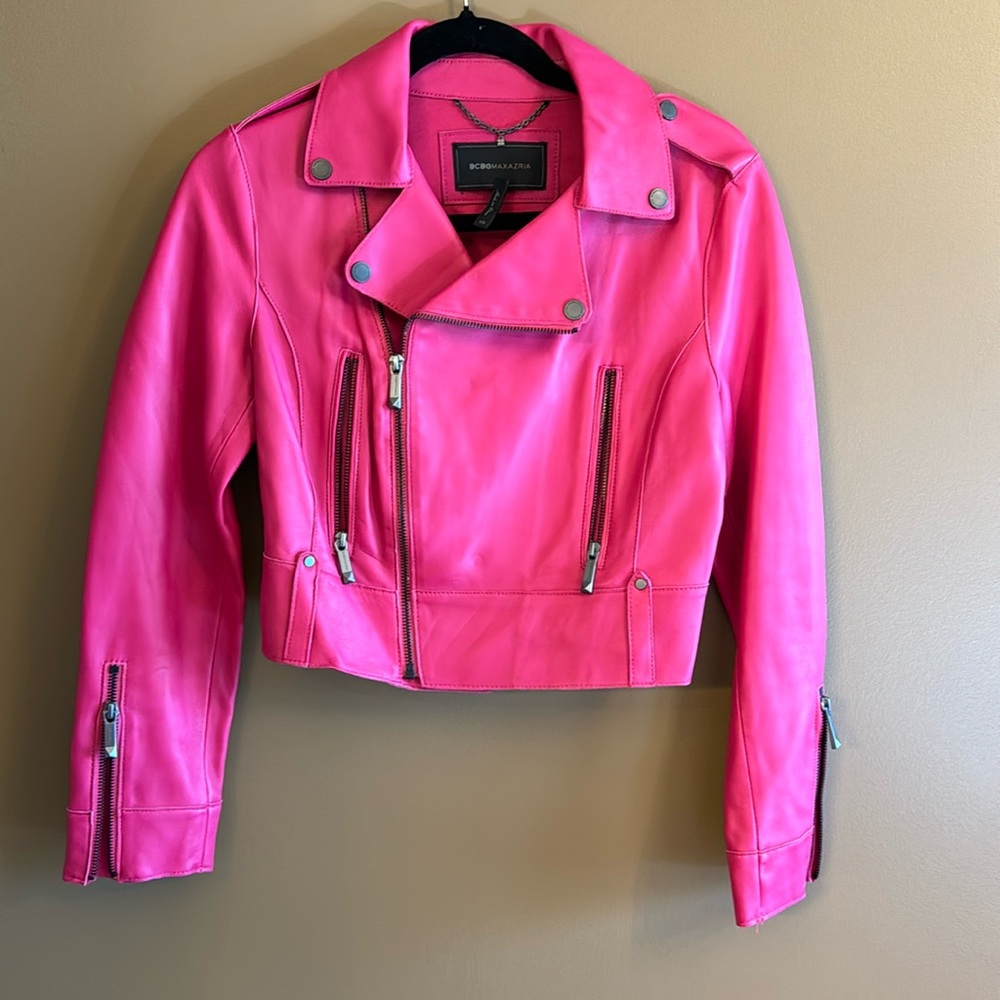 BCBGmaxazria hot pink lamb leather moto jacket XS - Picture 2 of 7